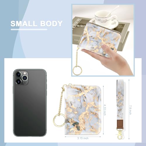 Image of Aiawoxc Credit Card Holder, Small RFID Wallet Slim Leather Card Organizer Case with Zipper and Wristlet Strap, Grey Marble