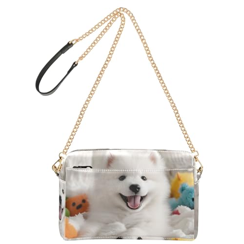Women Crossbody Bag Shoulder Handbag Cellphone Purse White Cute Dog Print, PU Leather Metal Chain Strap Water Resistant Zipper Closure