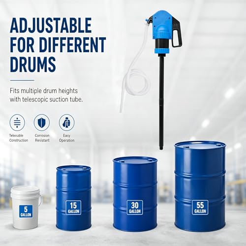 Image of 55 Gal Hand Drum Pump - Plastic Lever Action Drum Pump for DEF, Antifreeze, Oil & Low-Viscosity Liquids - Includes 5.74 ft 3 /4 inch Corrugated Hose - Manual Siphon Pump for 55 Gallon Barrel