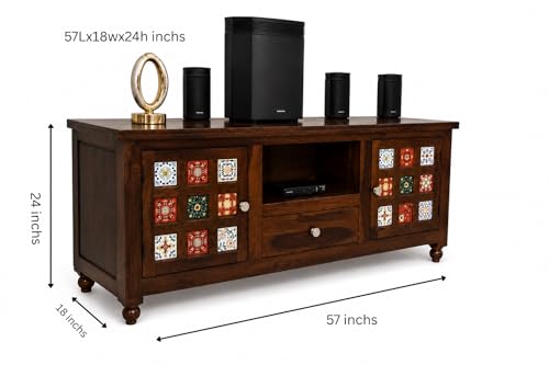 Image of Solid Sheesham Wood TV Entertainment Unit 1 Drawer 2 Door Cabinet with Handcrafted Multicolor Tile Design (Natural)