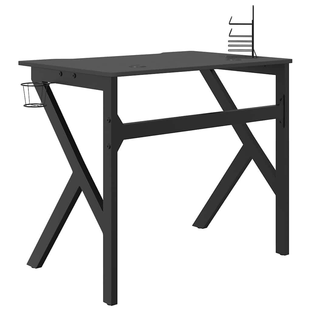 Scrivania da gioco con rack K nero, 90 x 60 x 75 cm, robusto tavolo da gioco ergonomico con supporto per bicchieri, materiale in legno e ferro