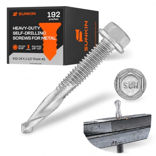 SUNKIN 192PCs Self Tapping Screws for Metal, Hex Head #12 x 1-1/2 Inch, Self Drilling for Thick Steel, Less Effort Installation, Long Lasting Anti Rust Coating by SUNKIN - Used condition - US$55.75