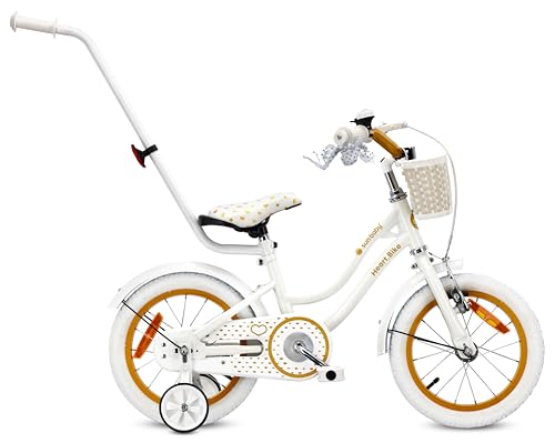 sun baby Heart Bike Kinderfahrrad für Mädchen 14 Zoll, ab 3 Jahre, mit Stützrädern, Abnehmbarer Schubstange, Korb, Klingel, Rücktrittbremse & V-Brake (Weißgold, 14 Zoll)