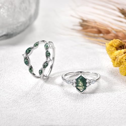 2.5 Carat(ctw) Elongated Hexagon Natural Moss Agate Engagement Rings Sets for Women,10K 14K 18K Solid Gold Moissanite Leaf Wedding Bands Sets with Free Engraving | IGI or GRC Certificate2