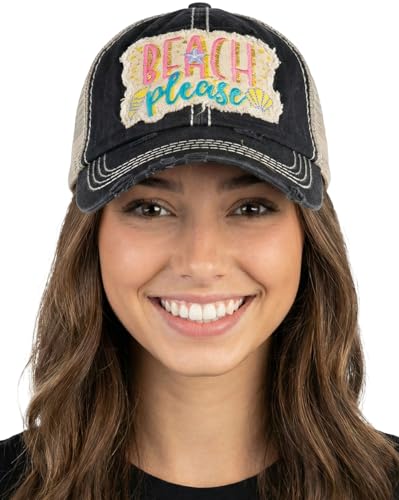 Funky Junque Women's Vintage Distressed Beach Baseball Cap Hat with Embroidered Patch Adjustable Unconstructed - Beach Please Metallic - Black
