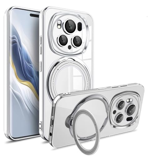 JIAFEI Funda para Honor Magic 6 Pro, Transparente Magnética Carga Inalámbrica Carcasa con 360° Giratorio Soporte, Protector de Lente de Cámara Cubierta, Plata