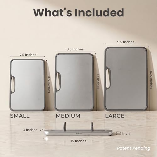 Image of SMIRLY Titanium Cutting Board for Kitchen, with Holder, 3 Pack, Silver | Food-grade Titanium Surface with a Non-porous, Double-sided Design for Easy Cleaning and Hygienic Food Prep