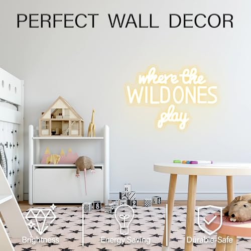 Image of Where the Wild Ones Play Neon Sign Dimmable Neon Signs for Wall Decor Letter LED Signs USB Light Up Sign for Playroom Wall Decor Playroom Decoration Essentials