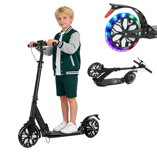 Image of Kick Scooter for Ages 13+, Teens and Adults. Led Light Up Wheels, 4 Levels Adjustable Handlebar, Dual Brakes, Anti-Slip Pedal, Foldable 8in Big Wheels for Kids (300lbs)