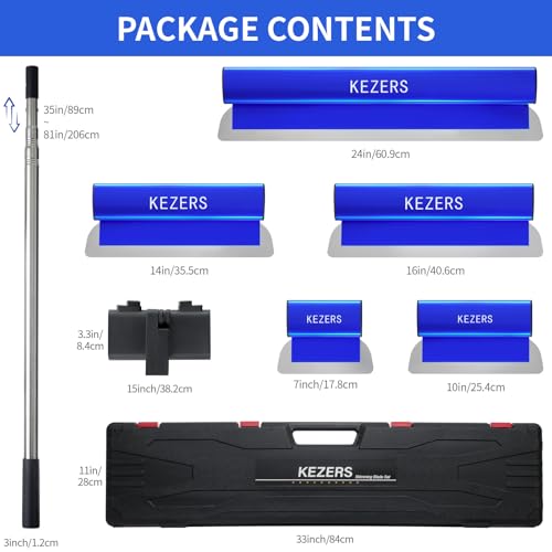 KEZERS Drywall Skimming Blade Set-7",10",14",16" & 24" Skimming Blades + 35"-81" Extension Handle, Stainless Steel Construction Knife,Smoothing Drywall Knife,Extruded Aluminum,High Impact End Caps