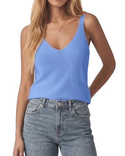KIRUNDO Sweater Tank Tops for Women Sleeveless V Neck Ribbed Knit Vest Top Camisole 2026 Summer Outfits Fashion Clothing(Light Blue, X-Small)