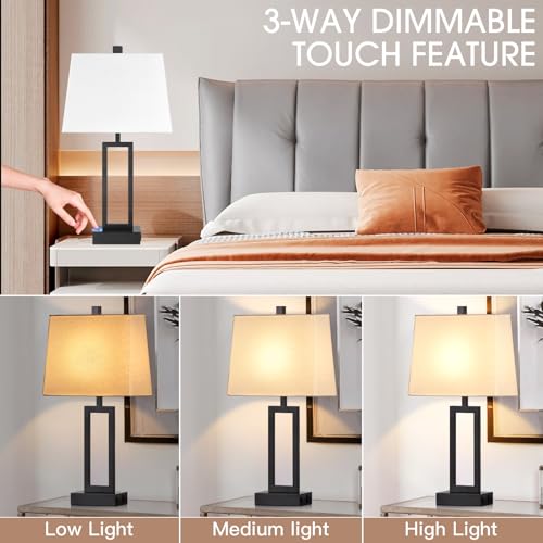 23.5" Touch Control Table Lamps Set of 2, Bedside Lamp with 2 USB Ports & AC Outlet, 3-Way Dimmable Nightstand Lamp with White Linen Shade for Living Room Bedroom End Table Office(2 LED Bulb Included) by Lolikit - Image 4