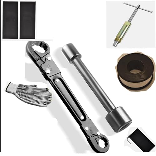 Image of 8 Pcs Plumbing Tools Kit, 1 /2-Inch Compression Sleeve Puller & Angle Stop Wrench, ,Professional Plumbers Wrench, gloves, Sandpaper, And A Retractable Storage Bag For Use Involving Damage Or Corrosion