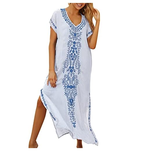 Tunique Femme Longue Marocaine - Brodé Floral Spacieux Caftan Boho Plage Bikini Couvrir Jusqu’à La Robe Grande Taille pour Les