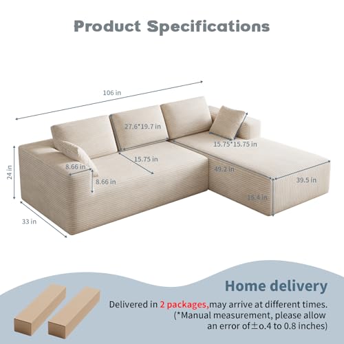 Image of 106 inch Corduroy Sectional Couch, Boneless L Shaped Couch with Deep Seat, Cloud Foam Sofa with Oversized Chaise, Sectional Sofa No Assembly Needed for Living Room