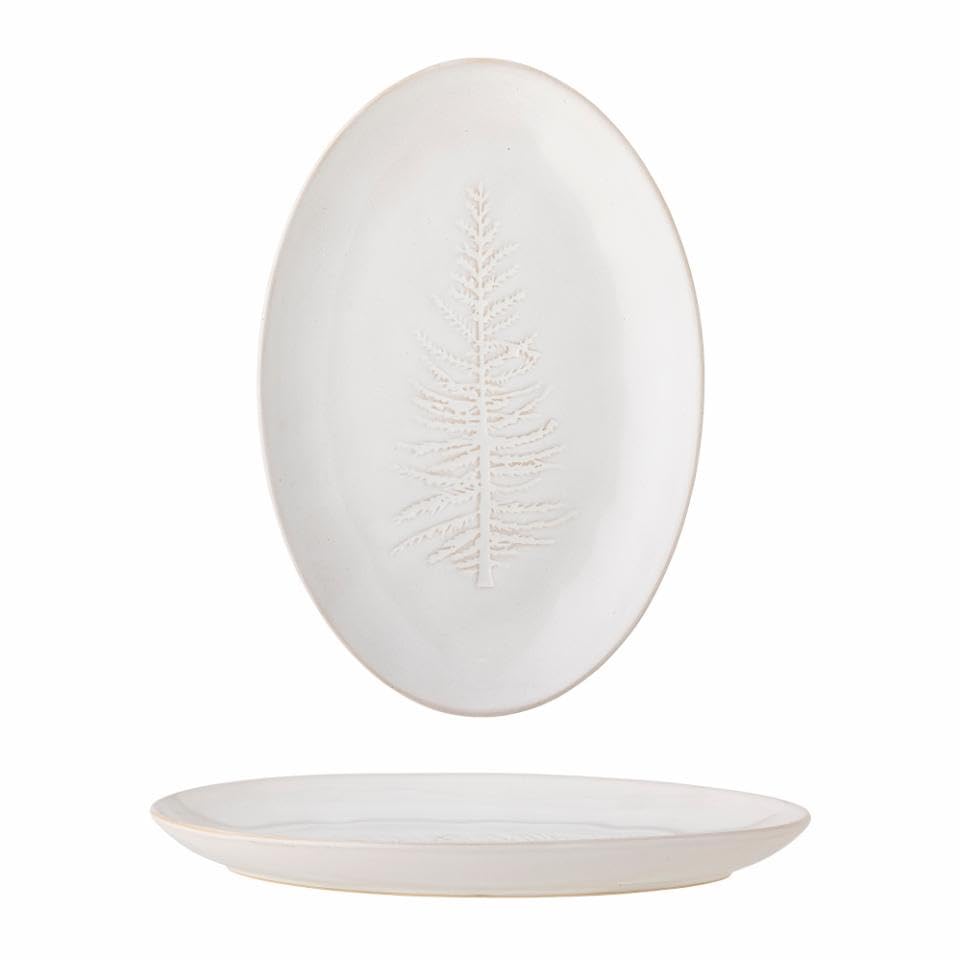 Bloomingville Winter Servierplatte Oval mit Tannenbaum in der Farbe Natur aus Steingut, 31x21 cm, 82061074