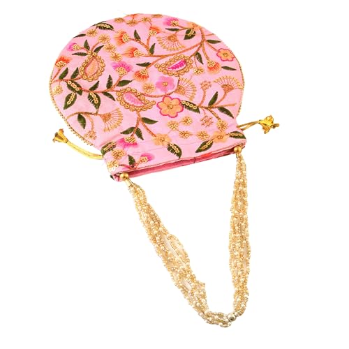 Image of Handcrafted Potli Purse with Golden Floral Embroidery and Pearl Accents