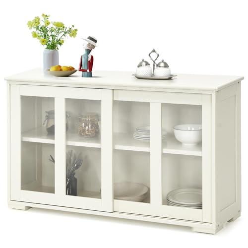 KOMFOTTEU Mobile Buffet Dispensa Cucina con Ante Scorrevoli in Vetro Temperato e Ripiano Regolabile, Credenza Cucina, Armadietto a Buffet per Sala da Pranzo, Soggiorno, 107x33x64 cm (Bianco Crema)