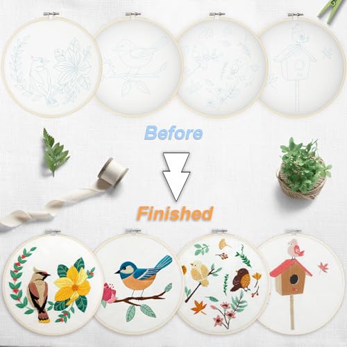 Image of Bonroy 4 Sets Embroidery Set for Beginners, Art Craft, Easy Sewing, Includes Embroidery Clothing, Pattern, Embroidery Hoop, Instruction Manual, Colorful Thread Needles Set (6 Pieces)