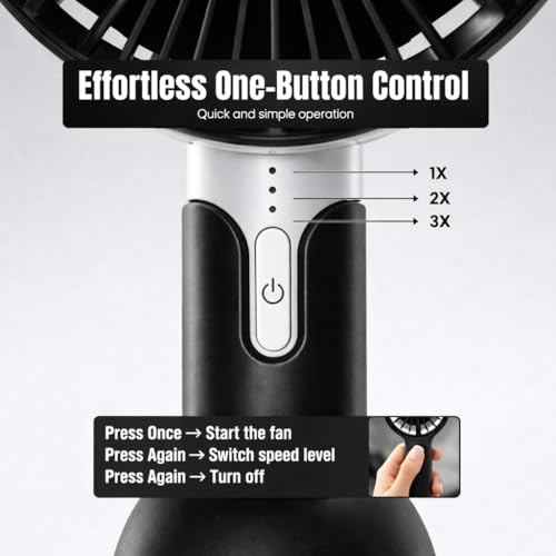 Image of One94Store High Speed Portable Hand Fan, 4800 RPM, 1200mAh USB Rechargeable Battery, Up to 6H Runtime, 3 Speed Modes for Travel, Office & Outdoor, Black - Mini Fan, Hand Fan, Small Fan, USB Fan