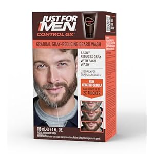 Just For Men Control GX Grey Reducing Beard Wash Shampoo with Keratin, Gradually Colors Mustache and Beard, Leaves Facial Hair Thicker Softer and Fuller, 4 Fl Oz – Pack of 1 (Packaging May Vary)