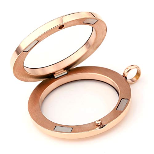 Zysta Rose Gold Round Locket Pendant Necklace 30Mm Matte Stainless Steel Clear Glass Living Memory Floating Charms Stone Storage #TOP4