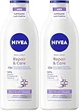 NIVEA parfümfreie Bodylotion Repair & Care (400 ml), feuchtigkeitsspendende Creme, schnell einziehende Bodylotion mit Glycerin & Provitamin B5, Lotion für sensible Haut (Packung mit 2)