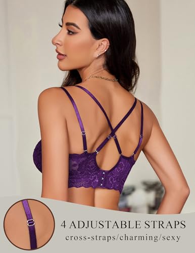 Image of Avidlove Bras for Women Floral Lace Bralettes Deep V Sexy Bras Cross Back Longline Bralette No Padded