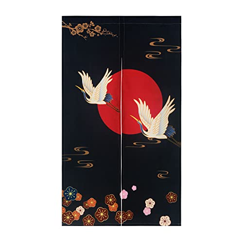 Rideau de porte japonais Noren noir grue blanche pour séparer un salon zen
