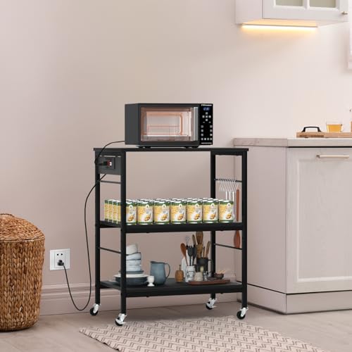 Bakers Rack with Power Outlet Microwave Shelf Stand Black Coffee Bar Table Cart 3 Tier Kitchen Carts on Wheels with Storage and 10 S-Shaped Hooks for Living Room Dining Room Office - Thumbnail 2