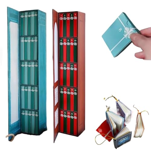 2025 Mini Book Ornament Advent, Books Lovers Gifts Advent Calendar with 24 Book Gift, Christmas Books Countdown Calendar, Small Bookshelf Miniature Library Holiday Decorations(Blue+Red)