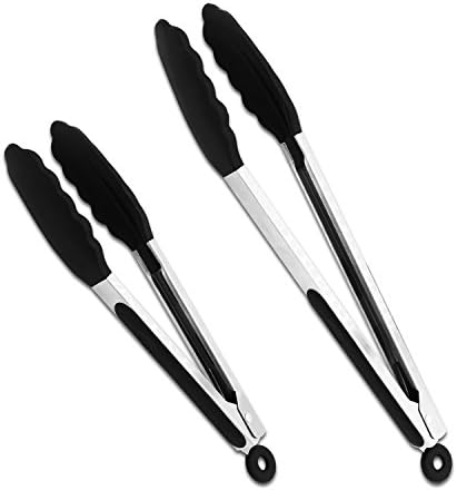 Premium Silicone Kitchen Tongs Silicone Tongs 2 Pack (9-Inch & 12-Inch), Utility Tong with Rubber Tip and Locking Clip (Black)
