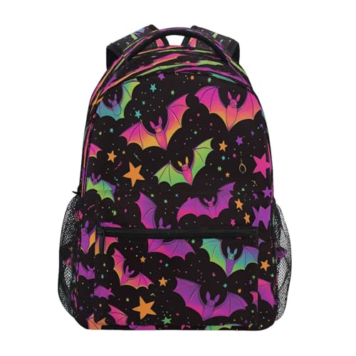 Dussdil Colorful Bats Stars Neon Green Kids Backpack School Backpacks for Boys Girls 16 IN Book Back Pack Bag Casual Travel Daypack with Adjustable Shoulder Strap Zipper