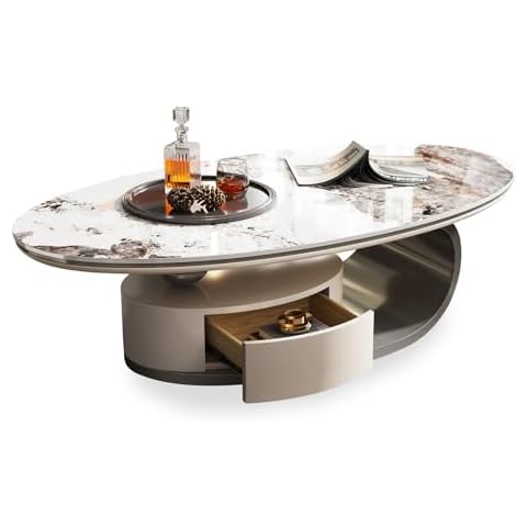 Exquisite Modern Oval Stone Coffee Table with Abstract Metal Base and Drawer - Perfect Centerpiece for Stylish Living Rooms.55.1" x 31.5" x 163.9". Gray. Cover