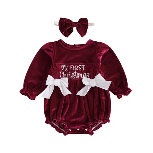 YINGISFITM Baby Girl Christmas Outfit Bow Velvet Bubble Romper Sweatshirt Newborn Onesie Infant Clothes (My First Christmas Baby Girl Outfit 3-6 Months)