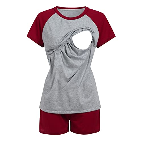 Conjunto de camisetas de lactancia para mujer, camiseta, manga de lactancia y pijama de maternidad, camiseta corta para bebé, camisón de maternidad y hospital, rojo, XL - imagen 5