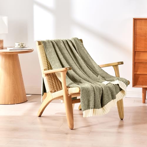 Image of CozeCube Reversible Knitted Throw Blanket,Olive Green White Melange 60 inchx80 inch