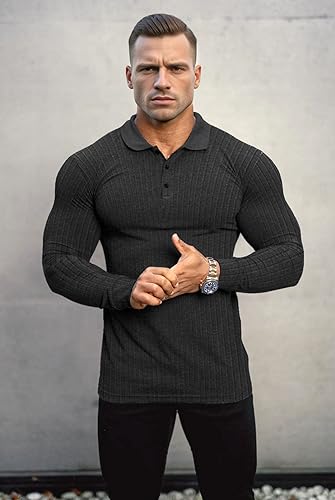 Lehmanlin Men's Stretch Muscle Shirts Long/Short Sleeve Cotton T Shirts Slim Fit Polo Shirt4