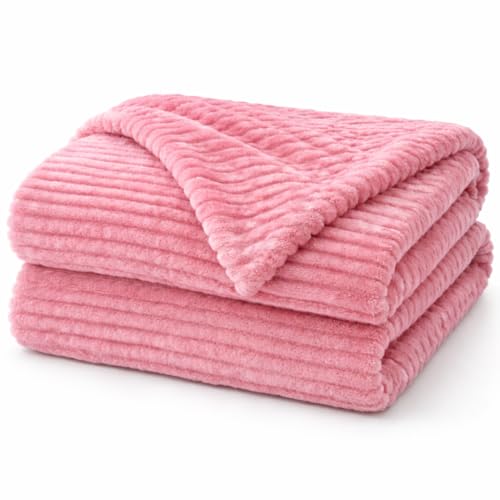 Image of WONJU Premium Ultra Soft Coral Fleece Blanket for Bed & Sofa | Warm Plush Ribbed Throw | Lightweight Cozy Winter Blanket | Machine Washable | Multiple Colors (Pink)