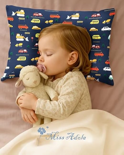 Toddler Pillowcase Set of 2-13x18 Inch Cotton Pillow Cases with Envelope Closure Cute Cartoon Soft Breathable Kids Pillowcases for Baby Boys Girls, Car & Navy Blue