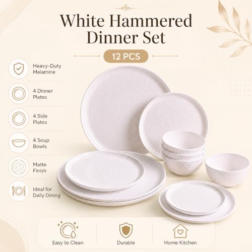 Image of Market99 Heavy-Duty White Hammered Melamine Dinner Set - 12 Pcs | Includes 4 Dinner Plates, 4 Side Plates & 4 Soup Bowls | Matte Finish Tableware for Daily Dining, Home Kitchen & Modern Meal Setup