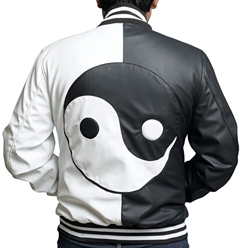 Mens Yin Yang Feng Shui Taijitu Bomber Windbreaker Fashion Lightweight Slim Fit Faux Leather Black White Jacket
