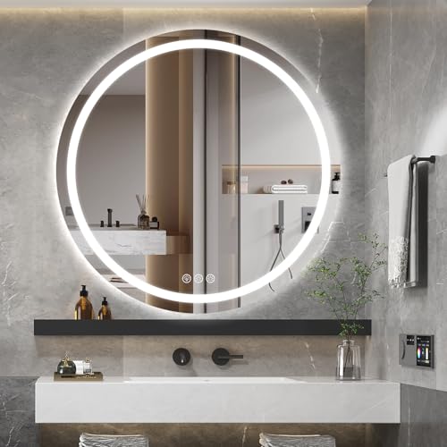 Ratsamee Espejo Baño con Luz Redondo 80cm, Espejos de Baño con LED con Antivaho, Regulable, 3 Colores Luz, Función Memoria
