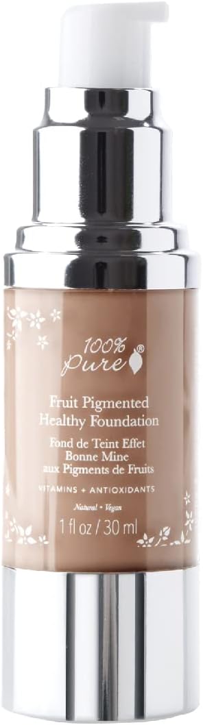 100% PURE Healthy Foundation Full Face Coverage Makeup, Liquid Matte Finish with Anti-Aging Benefits - Vegan Gorgeous Fruit Pigmented Toffee Color (Tan with Neutral Undertone) - 1 Fl Oz