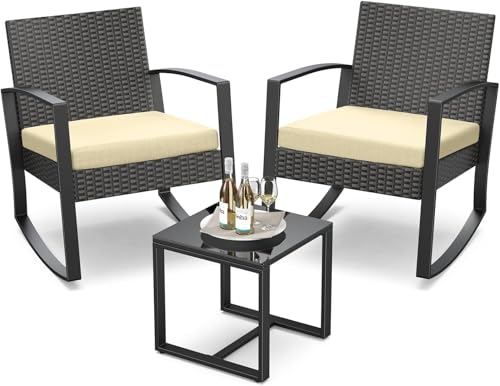Catálogo para Comprar On-line Muebles y accesorios de jardín los mejores 5. 45 FL FASHION LEADER Juego de 3 Muebles de Patio Tipo bistró mecedor de ratán para Exterior con Mesa de Centro para jardín, balcón, Patio y Piscina, Amarillo