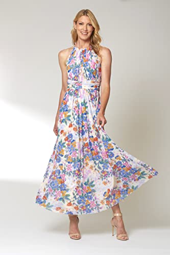 Image of London Times Women's London Times Mesh Halter Maxi Dress with Ruched Waistband Flowy Bohemian Beach Dresses
