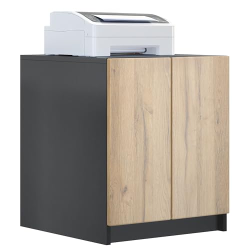 InnoFurn Druckerschrank Elona, Druckerkommode mit Soft-Close & Push-to-Open, Druckertisch, Büromöbel, Home Office & Büro, Schwarz/Eiche Evoke (51 x 60,5 x 54 cm)