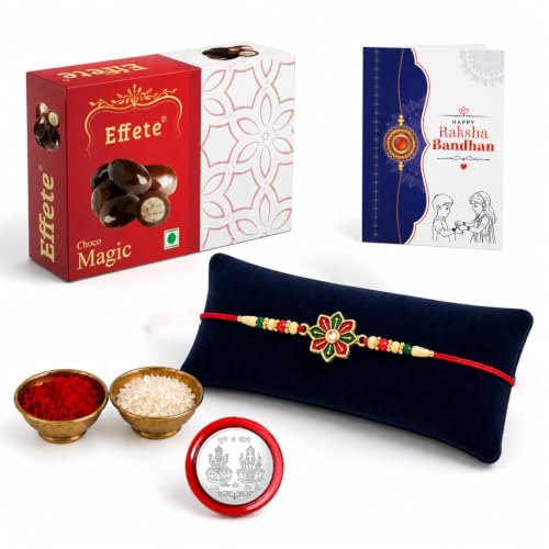 Image of DeoDap Designer Floral Rakhi for Brother with Effete Choco Magic, Multicolour Beads, Roli Chawal, Shagun Coin and Greeting Card, Raksha Bandhan Gift Combo