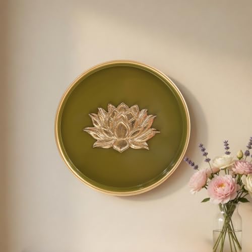Image of BEHOMA Lotus Metal Wall Plate Olive Green & Gold 8.4 inch