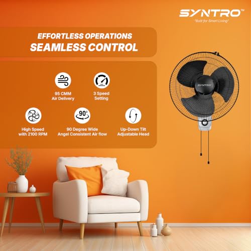 Image of Sytnro Neo High Speed Wall Fan 16 Inch (400 mm), 2300 RPM, Wide Oscillation, Strong Air Delivery, Energy Efficient, Black Grey